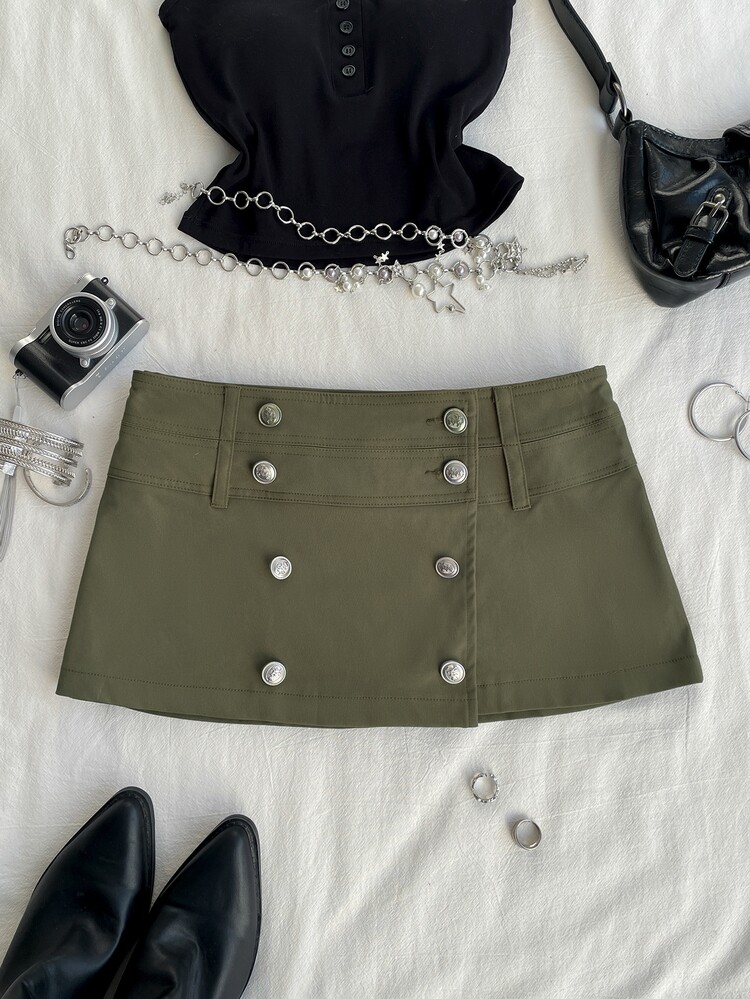 Attitoon Solid Double Breasted Skort School Olive Green Fall Casual Y2k Preppy 70s Night Out Going Out - Army Green - View 6
