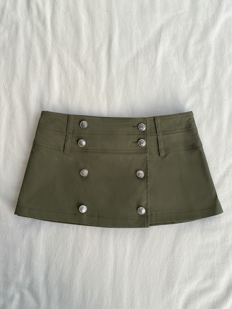 Attitoon Solid Double Breasted Skort School Olive Green Fall Casual Y2k Preppy 70s Night Out Going Out - Army Green - View 3