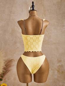 SHEIN Swim Yellow,Summer,Tropical,Beach,Holiday,Vacation,Holiday,Two Pieces Set,Crop Top With Contrast Trim,Ruffle Edge,Triangle Bottoms,Camisole Bikini Swimwear - Pale Yellow - View 2