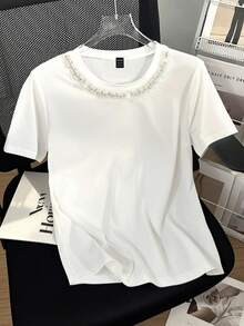 SHEIN Women's Casual Studded And Chain Decor Round Neck Short Sleeve T-Shirt, Summer - White - View 7