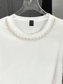 SHEIN Women's Casual Studded And Chain Decor Round Neck Short Sleeve T-Shirt, Summer - White - View 6