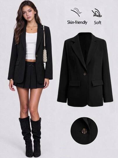 Teen Girl Teen Girls Coats Autumn/Winter Black Solid Color V-Neck Single-Breasted Long Sleeve Blazer, Office Lady, Commute Elegant Junior Streetwear