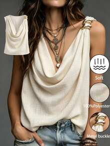 SHEIN Holidaya ملابس علوية نسائية بدون أكمام بلون موحد بياقة كول وزينة على الكتف بتصميم عصري - لون مشمشي - مشاهدة 1