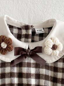 Toddler Girl Plaid Dress Cute Sweet Brown White Floral Bow Ruffle Long Sleeve Peter Pan Collar Light Birthday Party Fall Christmas Jumper Set A-Line - Multicolor - View 7
