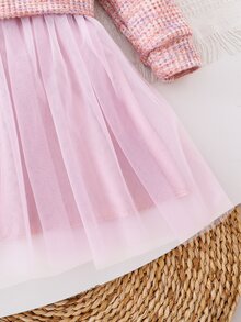SHEIN Girls' Knitted Colorful Waffle Long Sleeve Bow Top With Mesh Lining Dress, Elegant Simple Sweet Cute, Suitable For Outings, Suitable For Indoor And Outdoor, Suitable For Summer And Autumn - Multicolor - View 6