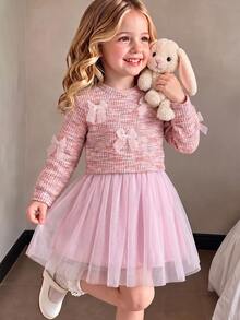 SHEIN Girls' Knitted Colorful Waffle Long Sleeve Bow Top With Mesh Lining Dress, Elegant Simple Sweet Cute, Suitable For Outings, Suitable For Indoor And Outdoor, Suitable For Summer And Autumn - Multicolor - View 3