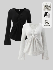 SHEIN 青少年女孩秋冬上衣 2件組 灰色/黑色 心形領口 前腰抓皺 喇叭長袖 正式度假風上衣 - 彩色 - 查看 2
