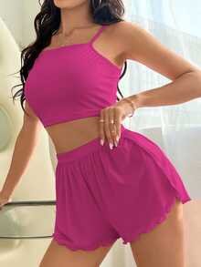 SHEIN Women's Summer Solid Color Sleeveless Cami Top And Side Split Shorts Home Clothing Set Outfit - Hot Pink - View 4