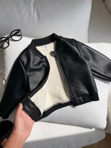 SHEIN 中性嬰兒男/女童、幼兒秋冬保暖內裡加厚圓領夾克、飛行夾克、嬰兒冬季外套、保暖、加厚 - 黑色 - 查看 4