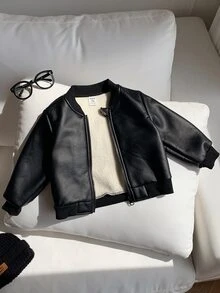 SHEIN 中性嬰兒男/女童、幼兒秋冬保暖內裡加厚圓領夾克、飛行夾克、嬰兒冬季外套、保暖、加厚 - 黑色 - 查看 8