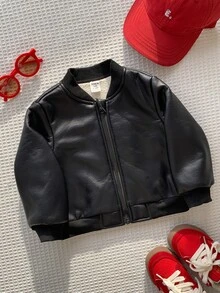 SHEIN 中性嬰兒男/女童、幼兒秋冬保暖內裡加厚圓領夾克、飛行夾克、嬰兒冬季外套、保暖、加厚 - 黑色 - 查看 7