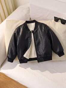 SHEIN 中性嬰兒男/女童、幼兒秋冬保暖內裡加厚圓領夾克、飛行夾克、嬰兒冬季外套、保暖、加厚 - 黑色 - 查看 2