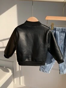 SHEIN 中性嬰兒男/女童、幼兒秋冬保暖內裡加厚圓領夾克、飛行夾克、嬰兒冬季外套、保暖、加厚 - 黑色 - 查看 3