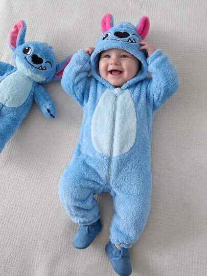 SHEIN Toddler Baby Boy/Girl Fleece Hooded Rompers,Aqua Blue Winter Cute Modest Bodysuits,Big Ear Design Thickened Jumpsuit For Sibling Matching,Sports