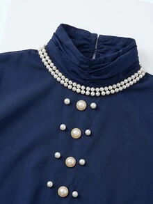SHEIN LUNE CURVE Vintage High Neck Batwing Sleeve Top, Luxury Pearl Button Decor Casual Blouse Christmas - Navy Blue - View 5
