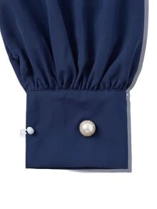 SHEIN LUNE CURVE Vintage High Neck Batwing Sleeve Top, Luxury Pearl Button Decor Casual Blouse Christmas - Navy Blue - View 6