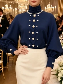 SHEIN LUNE CURVE Vintage High Neck Batwing Sleeve Top, Luxury Pearl Button Decor Casual Blouse Christmas - Navy Blue - View 4