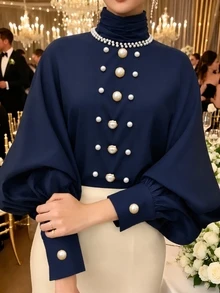 SHEIN LUNE CURVE Vintage High Neck Batwing Sleeve Top, Luxury Pearl Button Decor Casual Blouse Christmas - Navy Blue - View 3