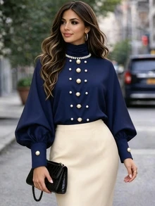 SHEIN LUNE CURVE Vintage High Neck Batwing Sleeve Top, Luxury Pearl Button Decor Casual Blouse Christmas - Navy Blue - View 1