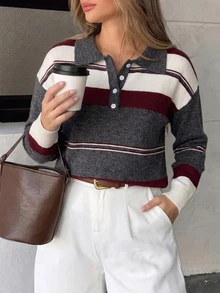 SHEIN PariChic 深灰色拼接 Polo 領寬鬆套頭毛衣，秋季校園復古休閒學院風通勤商務款 - 灰色 - 查看 1