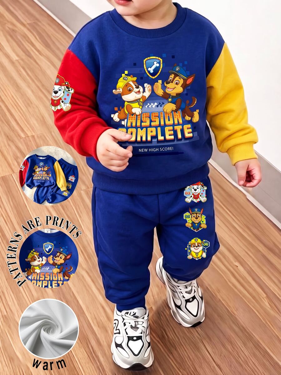 SHEIN | PAW Patrol Baby Boy Cartoon Puppy Print Crew Neck Sweatshirt And Elastic Waist Jogger Pants Set - Blue - View 1