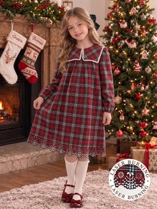 Tween Girls Tartan Plaid Dress Sailor Collar Pom Pom Trim Laser Cut Out Scalloped Hem Long Sleeve A-Line Dresses - Burgundy - View 4