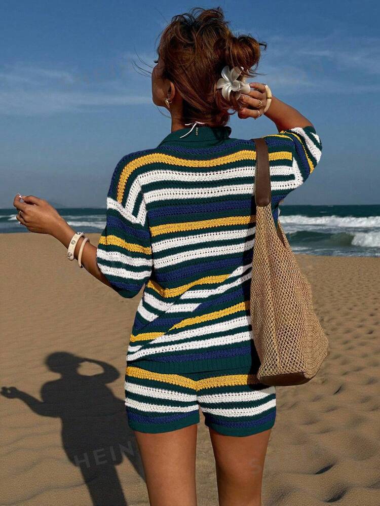 SHEIN Women's Basic Fashion Green Striped Collared Hollow Out Minimalist Casual Colorblock Sweater Summer Cover-Up Set Beach Vacation - Multicolor - View 2