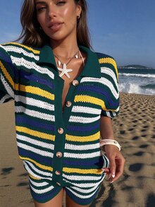 SHEIN Women's Basic Fashion Green Striped Collared Hollow Out Minimalist Casual Colorblock Sweater Summer Cover-Up Set Beach Vacation - Multicolor - View 2