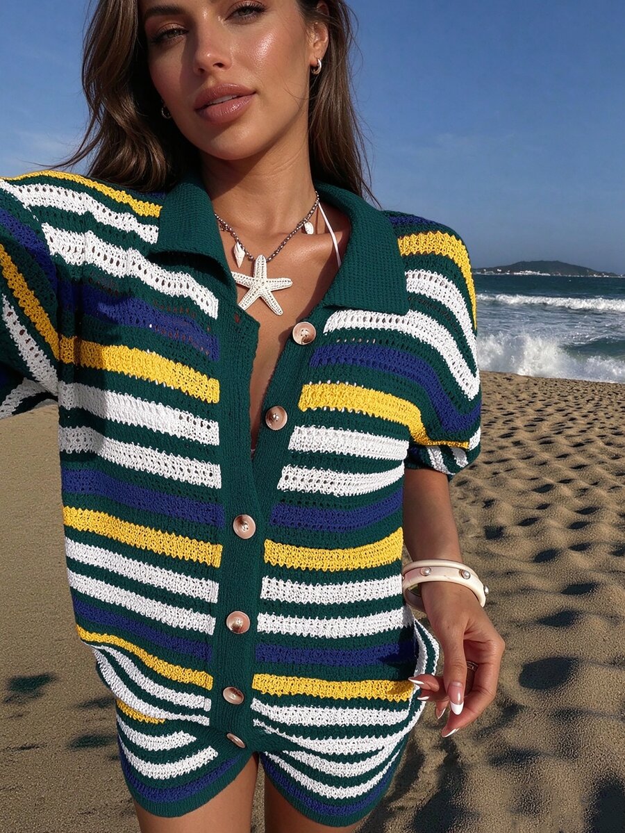 SHEIN Women's Basic Fashion Green Striped Collared Hollow Out Minimalist Casual Colorblock Sweater Summer Cover-Up Set Beach Vacation