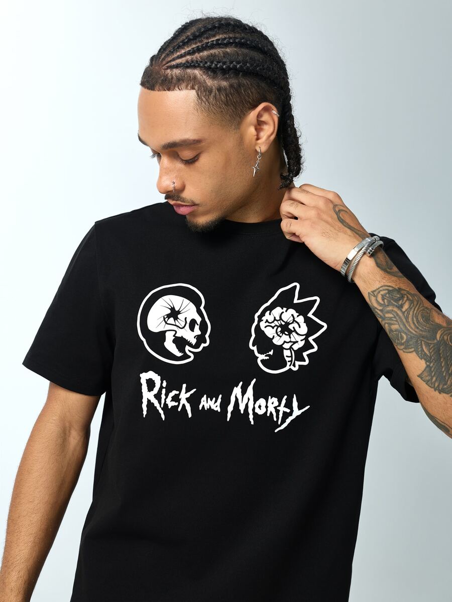 Rick and Morty X SHEIN Men's Crew Neck Short Sleeve Casual T-Shirt - Black - View 1