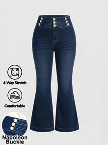 SHEIN ICON جينز نسائي كاجوال واسع الساق بمقاس كبير، جينز واسع الساق بتصميم أزرار، مرونة عالية، دنيم مطاطي رباعي الاتجاهات، مريح، جينز كاجوال متعدد الاستخدامات، الخريف، موعد. - الأسود - مشاهدة 1