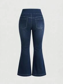 SHEIN ICON جينز نسائي كاجوال واسع الساق بمقاس كبير، جينز واسع الساق بتصميم أزرار، مرونة عالية، دنيم مطاطي رباعي الاتجاهات، مريح، جينز كاجوال متعدد الاستخدامات، الخريف، موعد. - الأسود - مشاهدة 2