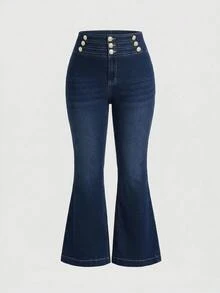 SHEIN ICON جينز نسائي كاجوال واسع الساق بمقاس كبير، جينز واسع الساق بتصميم أزرار، مرونة عالية، دنيم مطاطي رباعي الاتجاهات، مريح، جينز كاجوال متعدد الاستخدامات، الخريف، موعد. - الأسود - مشاهدة 3