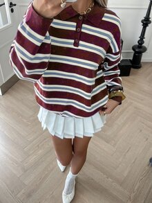 Livesso 女款秋季復古休閒學院風條紋高領毛衣，適合日常與校園穿搭 - 酒紅色 - 查看 5