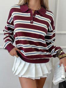 Livesso 女款秋季復古休閒學院風條紋高領毛衣，適合日常與校園穿搭 - 酒紅色 - 查看 7