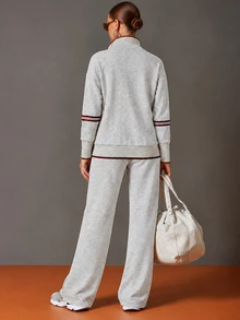 SHEIN LUNE CURVE Plus Size Women's Colorblock Long Sleeve Top And Pants Casual Everyday 2 Pieces Set - Grey - View 2