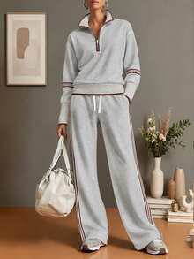 SHEIN LUNE CURVE Plus Size Women's Colorblock Long Sleeve Top And Pants Casual Everyday 2 Pieces Set - Grey - View 3