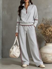 SHEIN LUNE CURVE Plus Size Women's Colorblock Long Sleeve Top And Pants Casual Everyday 2 Pieces Set - Grey - View 1