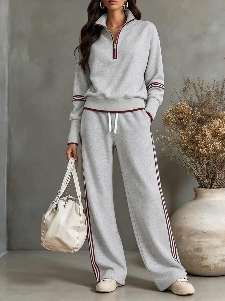 SHEIN LUNE CURVE Plus Size Women's Colorblock Long Sleeve Top And Pants Casual Everyday 2 Pieces Set - Grey - View 1