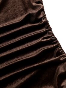 Sweetra فستان نسائي بأسلوب جريء برقبة نصف عالية وأكمام واسعة وتجاعيد على الجسم مع حافة دانتيل - بني داكن - مشاهدة 5
