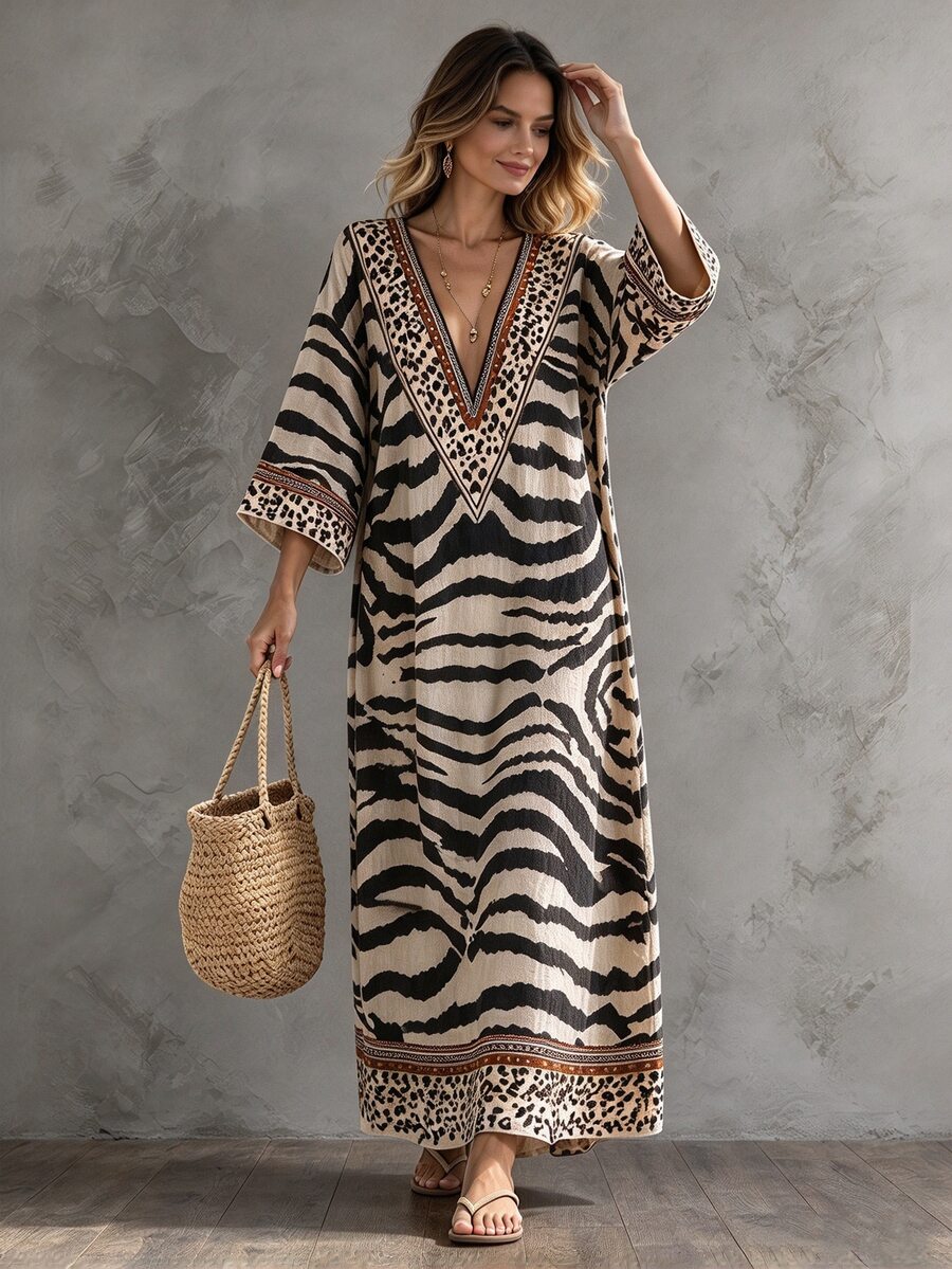 Flirla Plus Size Deep V-Neck Symmetrical Placement Print Long Loose Dropped Shoulder Dress Beach Party Vacation Vacation Black And White Summer Boho Bohemian - Multicolor - View 1