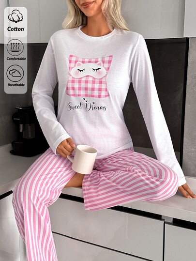 SHEIN Women Cotton Solid Color Pink Striped Cat Print Long Sleeve Comfy Casual Pajama Set With High Waist Long Pants