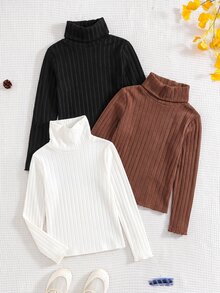 SHEIN 3件組 青少年女孩冬季T恤童裝 - 黑色 - 查看 5