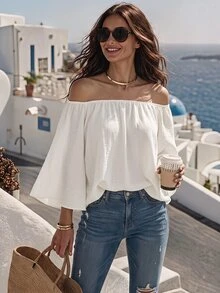 SHEIN Franclia قميص نسائي انيق بلون الشمبانيا و يتميز بالأكتاف المكشوفة - أبيض - مشاهدة 3