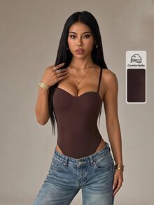 SHEIN PETITE 女款時尚百搭純色細肩帶背心 極簡休閒風 - 棕色 - 查看 9