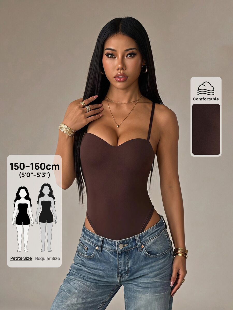 SHEIN PETITE 女款時尚百搭純色細肩帶背心 極簡休閒風 - 棕色 - 查看 1
