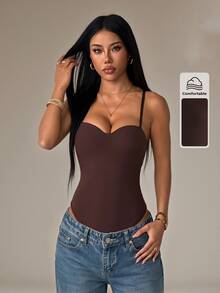 SHEIN PETITE 女款時尚百搭純色細肩帶背心 極簡休閒風 - 棕色 - 查看 10