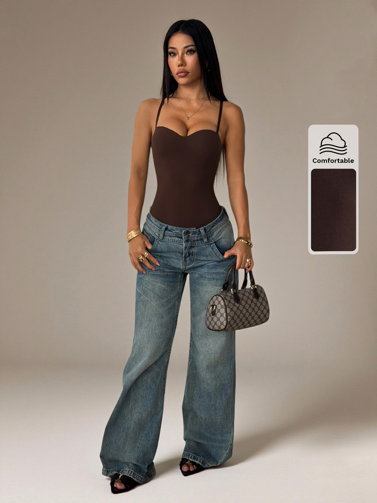 SHEIN PETITE Women's Fashion Versatile Solid Color Spaghetti Strap Camisole Minimalist Casual - Brown - View 6