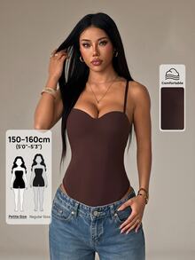 SHEIN PETITE 女款時尚百搭純色細肩帶背心 極簡休閒風 - 棕色 - 查看 5