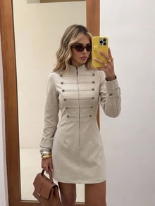 Easowa Women's Fall/Winter Dress Fashion Commute Work Napoleon Mini Dress Beige Vintage Elegant - Khaki - View 1